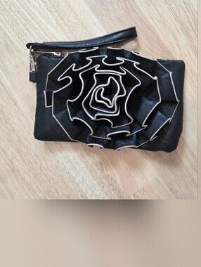 2 Chic Black Floral Rosette Wristlet Clutch